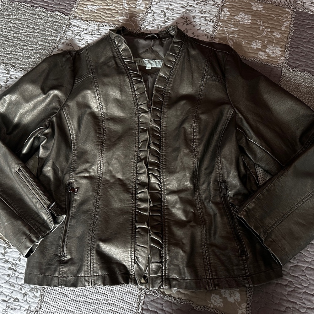 Cleo Petites Gunmetal Grey Faux Leather Ruffle-Front Jacket